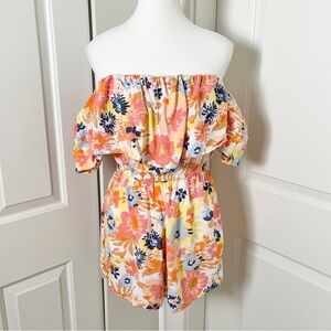 Roxy Another Day Tropical Floral Peach Romper - Off Shoulder, Size Small 🌺🧡